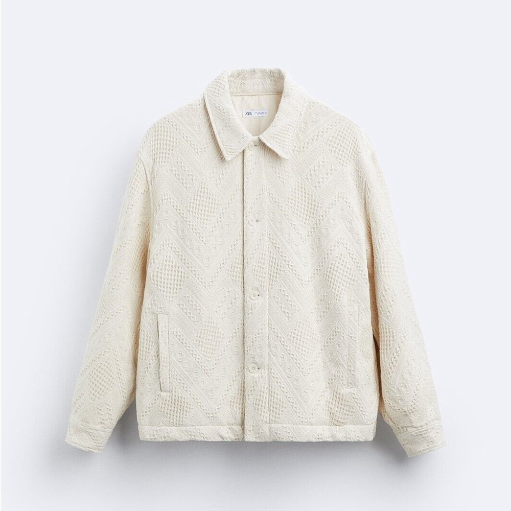 Zara Quilted Cream Spring Collared Jacket Shacket Medium Pockets